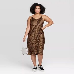 A New Day Satin Shift Cheetah Print Midi Slip Dress in Brown